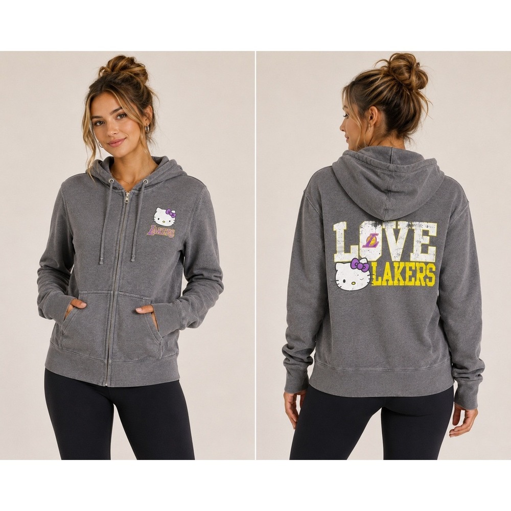 Hello Kitty x Los Angeles Lakers Hoodie Womens Large Charcoal Grey NBA Zip Up